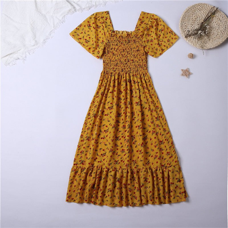 Spring Summer Chiffon Dress Women Midi DressesFemale Short Sleeve Elastic Waist Printed Floral Pleated Backless Casual Dress - Seprincess