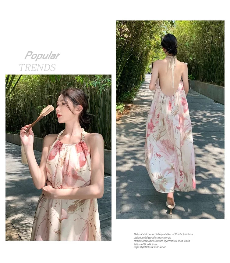 2024 Women Long Summer Floral Sundress Halter Elegant Fairy Grunge Holiday Dress New Honeymoon Vacation Party Night Dresses - Seprincess