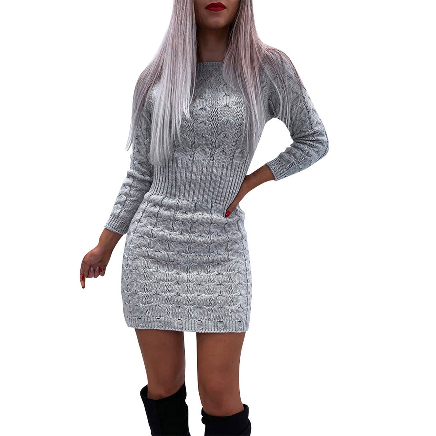 Sweater Women'S Long-Sleeved O-Neck Top Pattern Knitted Color Solid Dress Women'S Dress Short Dresses For Women Casual Vestido - Seprincess