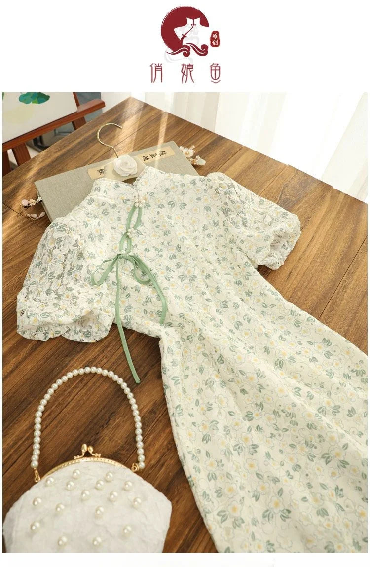 Women Green Forest Fragmented Flower Bubble Sleeve Improved Qipao Summer Young Girls Modern Chinese Dress Long Dresses Cheongsam - Seprincess