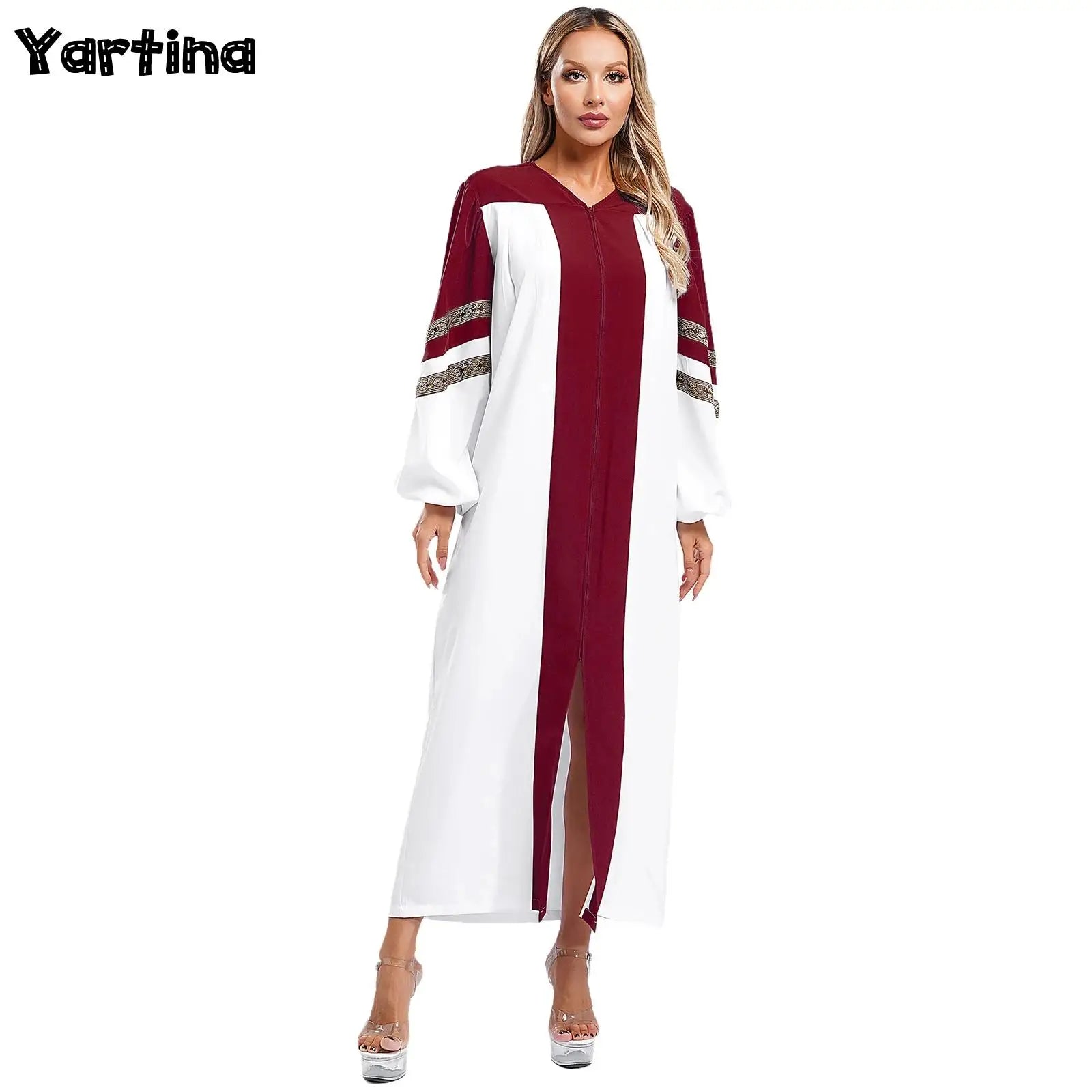 Womens Mens Church Choir Robe Halloween Cosplay Theme Party Costume V-Neck Embroidered Stripes Long Sleeve Zipper Clergy Gown - Seprincess