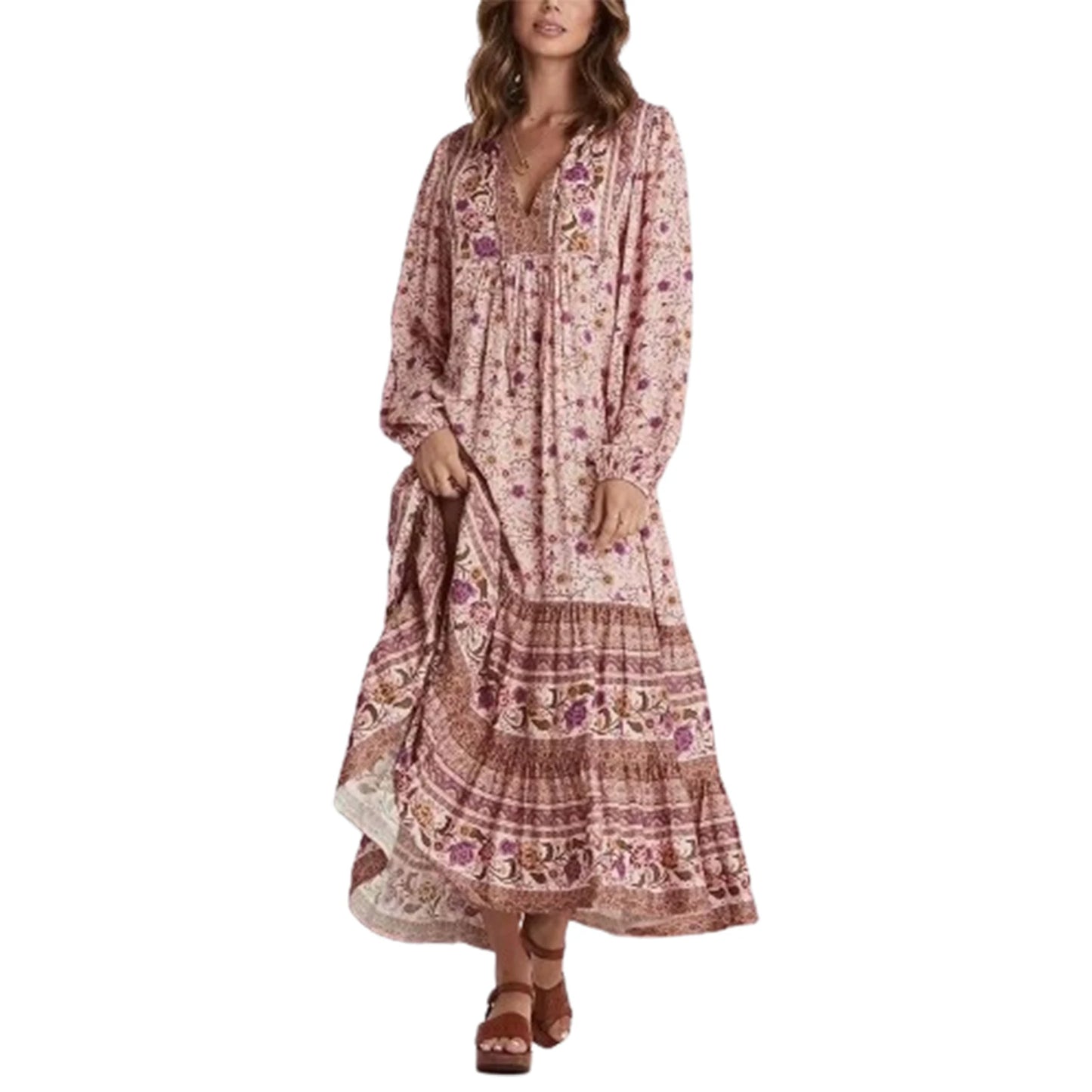 Bohemian Style Maxi Dress with Vintage Floral Print Long Puff Sleeves V-Neckline and Flowy A-Line Silhouette Perfect for - Seprincess