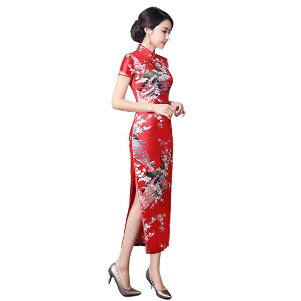 Chinese Style Qipao Satin Cheongsam Floral Embroidery Classic Wedding Evening Party Dress High Split Silky Plant Lady Dress - Seprincess