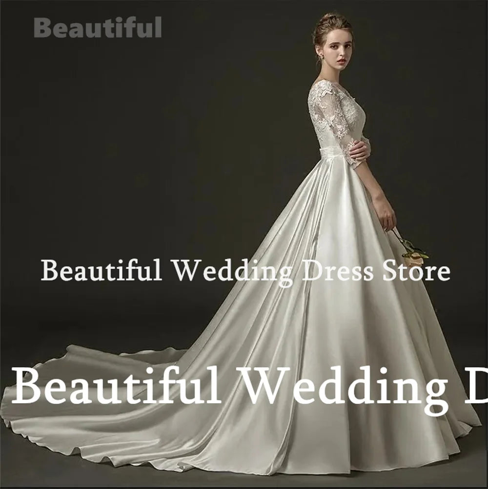 2024 White Wedding Dress For Women Lace Appliques V-Neck 3/4 Sleeves A-Line Satin Floor-Length Vestidos Sweep Train Bridal Gown - Seprincess