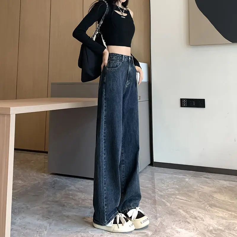 Autumn Winter New Fashion High Waist Button Solid Jeans Women's Clothing Casual All-match Korean Pocket Simplicity Straight Pant