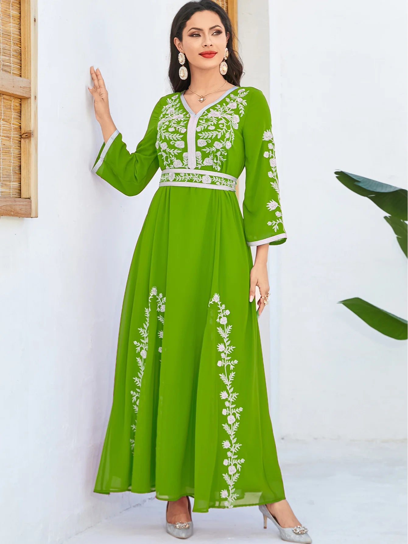 Autumn Embrodiery Eid Muslim Party Dress for Women Jalabiya Abaya Ramadan Long Dresses Abayas Woman Lace-up Caftan Vestidos Robe - Seprincess