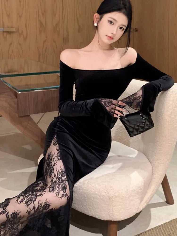 Women's Sexy Black Velvet Dress Elegant Chic Off Shoulder Lace Split Evening Party Dresses Autumn Female Bodycon Vestidos Mujer - Seprincess