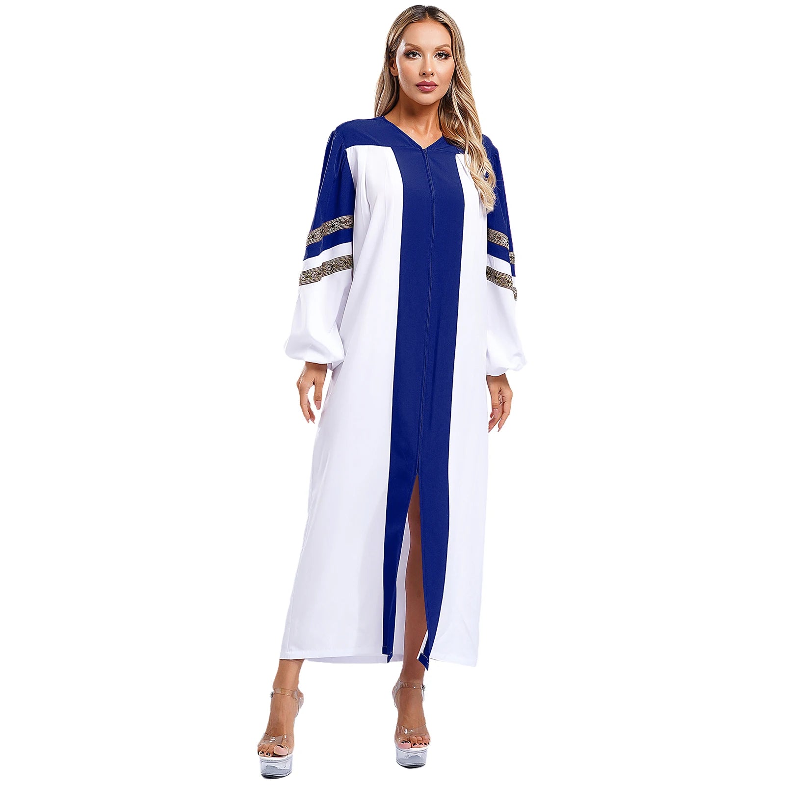 Womens Mens Church Choir Robe Halloween Cosplay Theme Party Costume V-Neck Embroidered Stripes Long Sleeve Zipper Clergy Gown - Seprincess