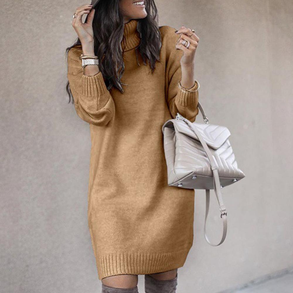 Women Winter Loose Dress Knee-length Dress Women Long Sleeve Autumn Turtleneck Warm Knitted Sweater Knee-length Dress - Seprincess