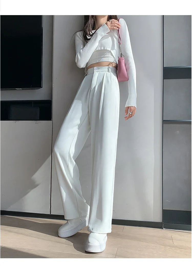 Casual High Waist Loose Wide Leg Pants for Women Spring Autumn New Female Floor-Length White Suits Pants Ladies Long Trousers