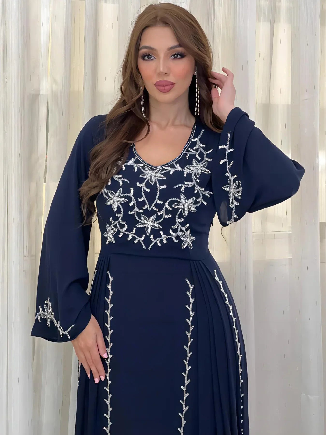 Dress for Women 2024 Spring Summer Fashion Muslim Women Long Sleeve Polyester Kaftan Embroidery Long Maxi Dress Abaya Dubai - Seprincess