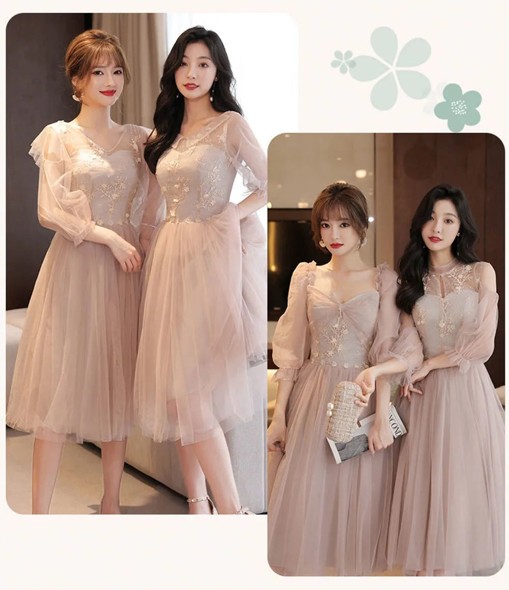 4 Styles Elegant Simple Bridesmaid Dress Women's Tulle Half Sleeves Slim Fit Design A-Line Dress Applique Wedding Party Vestido - Seprincess