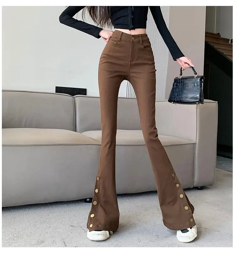 Micro-boot jeans brown buttoned design women's autumn and winter new high-waisted slim straight-leg floor mopping pants