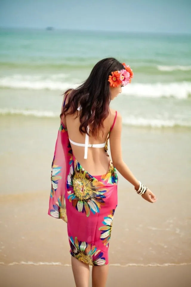 2023 Printed Cover-ups Sexy Beach Dress Women Halter Sling Chiffon Beach Towel Bikini Wrap Pareo Skirts Open-Back Swimwear - Seprincess