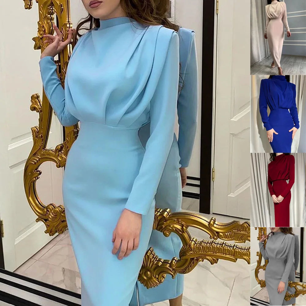 2024 Autumn Solid Bodycon Midi Dress Turtleneck Long Sleeve Slim Office Lady Sexy Office Lady Blue Party Dresses For Women Work - Seprincess