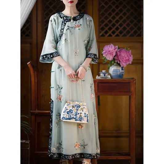 2023 Summer Elegant Round Neck Floral Printed Short Sleeved Cheongsam Qing Dynasty Dresses for Women Vietnamese Party Dress - Seprincess