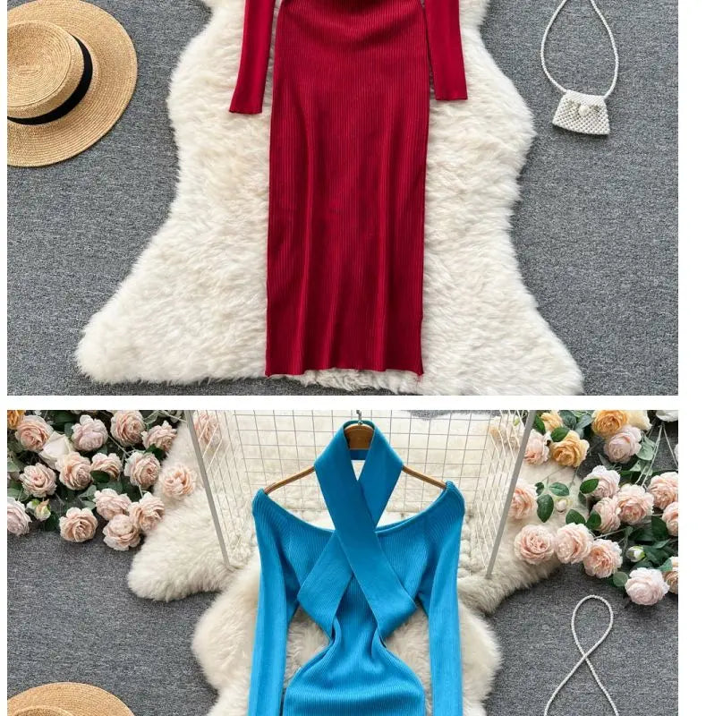 Autumn Winter Women Long Dress Elegant Halter Slim Waist Knitted Bodycon Dress Korean Office Lady Sweater Dresses Vestidos - Seprincess