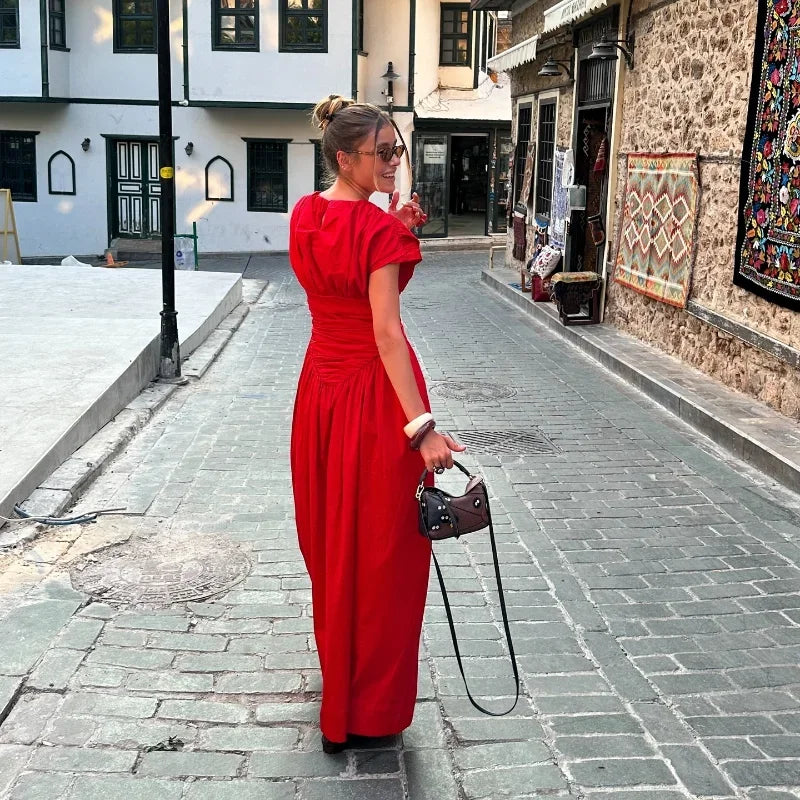 Women Red Irregular Pleated Wrap Waisted Maxi Dress Elegant O Neck Sleeveless Slim Long Dresses Chic Lady Party Street Robes - Seprincess