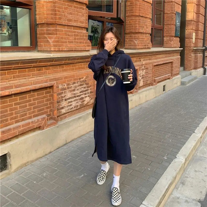 Autumn Winter Women Fleece Thicken Hooded Dress Print Letter Drawstring Korean Fashion Loose Midi Side Slit Oversized Dresses