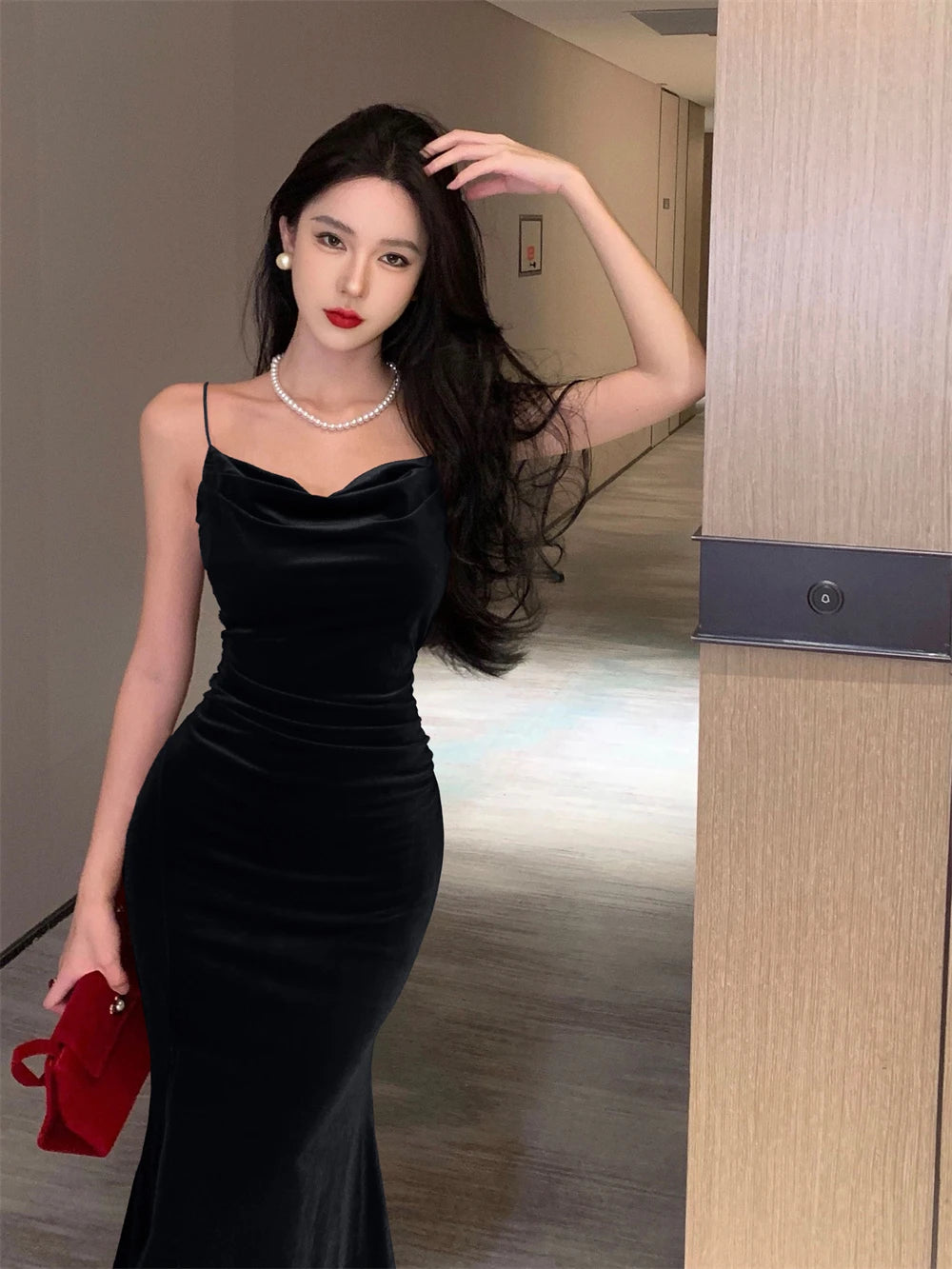 Vintage Sexy Club Prom Red Dresses for Women Spaghetti Strap Slit Velvet Dress Beach Bandage Bodycon Midi Dress Party Elegant - Seprincess