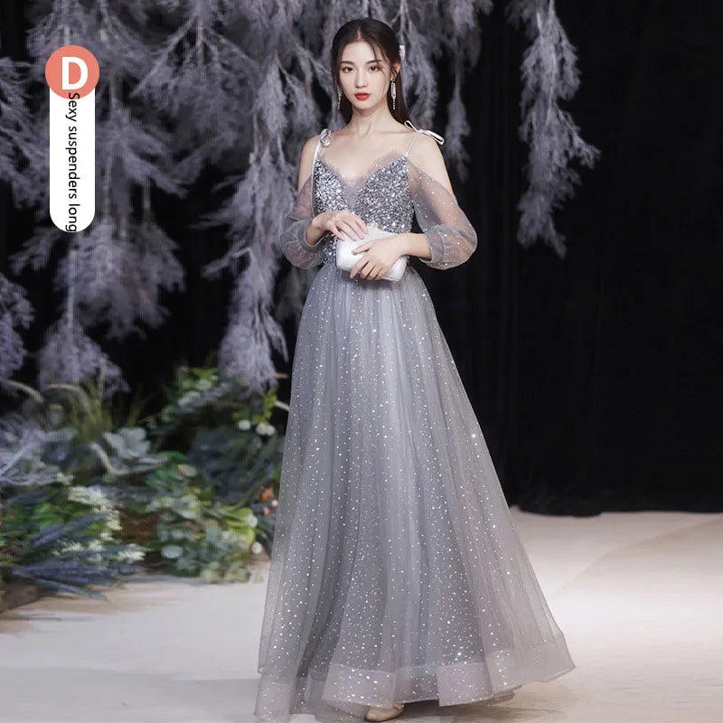 Grey Bridesmaid Evening Dress Women Off Shoulder Sequins Wedding Party Vestidos Fairy Temperament Sisters Group Gown Summer - Seprincess