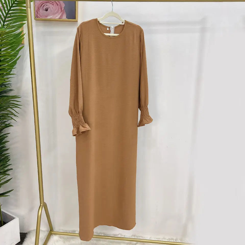 Under Abaya Inner Long Slip Dress Solid Color Smocked Cuffs Islamic Clothing Muslim Woman Casual Dubai Turk Modest Hijabi Robe - Seprincess