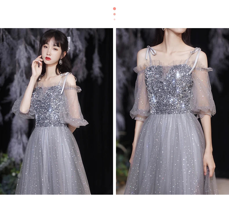 Grey Bridesmaid Evening Dress Women Off Shoulder Sequins Wedding Party Vestidos Fairy Temperament Sisters Group Gown Summer