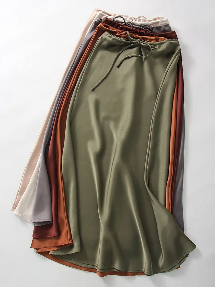 Long Black Satin Skirts For Women 2024 Autumn Winter Maxi Brown Burgundy Skirts Ladies Green Lace Up Women Satin Silk Skirt