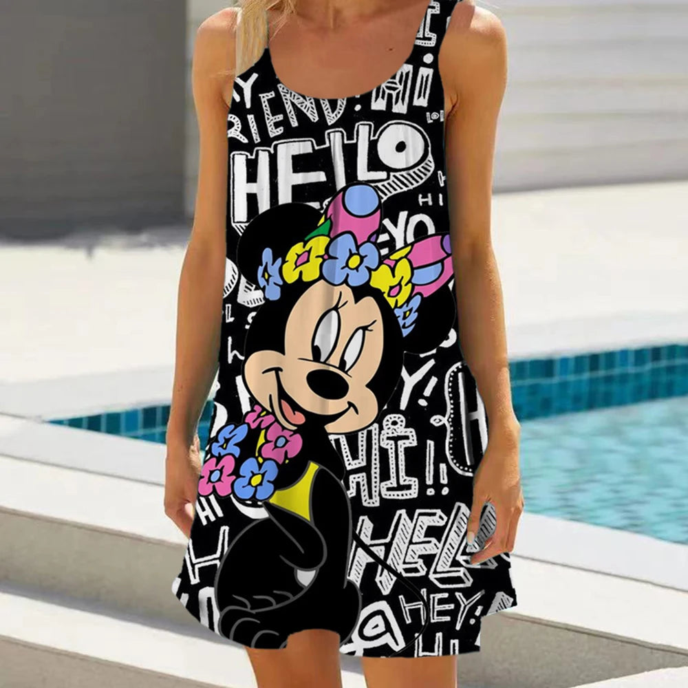 Minnie Mouse Elegant Dresses For Women Woman 2024 Disney Beach Dress Mickey Dress Fashion Top Print Casual Loose Oversized Dyr - Seprincess