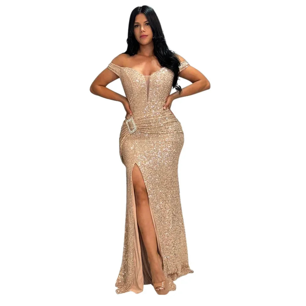 Women Sequined Split Mermaid Maxi Dress 2024 Fall Birthday Slash Neck Ruched Sexy Evening Party Long Dresses Vestidos - Seprincess