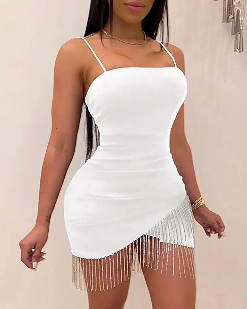 Woman Dress New Party Night Birthday Tassel Split Sleeveless Bodycon Elegant Suspender Short Mini Pencil Sexy Dresses - Seprincess