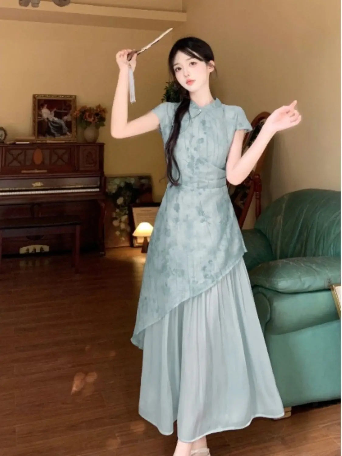 Summer Dress Short Sleeved Dreen Women's Cheongsam Qipao Traditional Improved Slim A-line Long Dress Irregular High-end Elegant - Seprincess