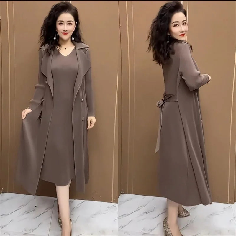 Spring Autumn Fashion Slim Pleated Suit Collar Fake Two Piece Windbreaker Coat Comfortable Waist Shrinking Elastic Dress Belt - Seprincess