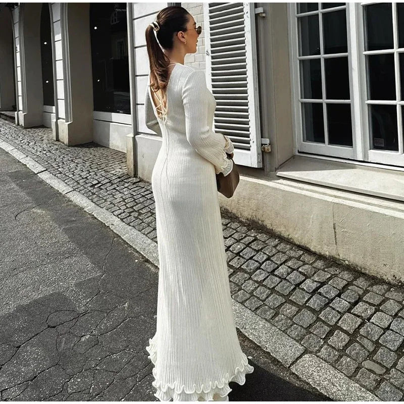 Women Elegant Ruffle Hem Knit White Long Dress O-neck Flare Long Sleeve Backless Bandage Dresses 2024 New Evening Party Robes - Seprincess