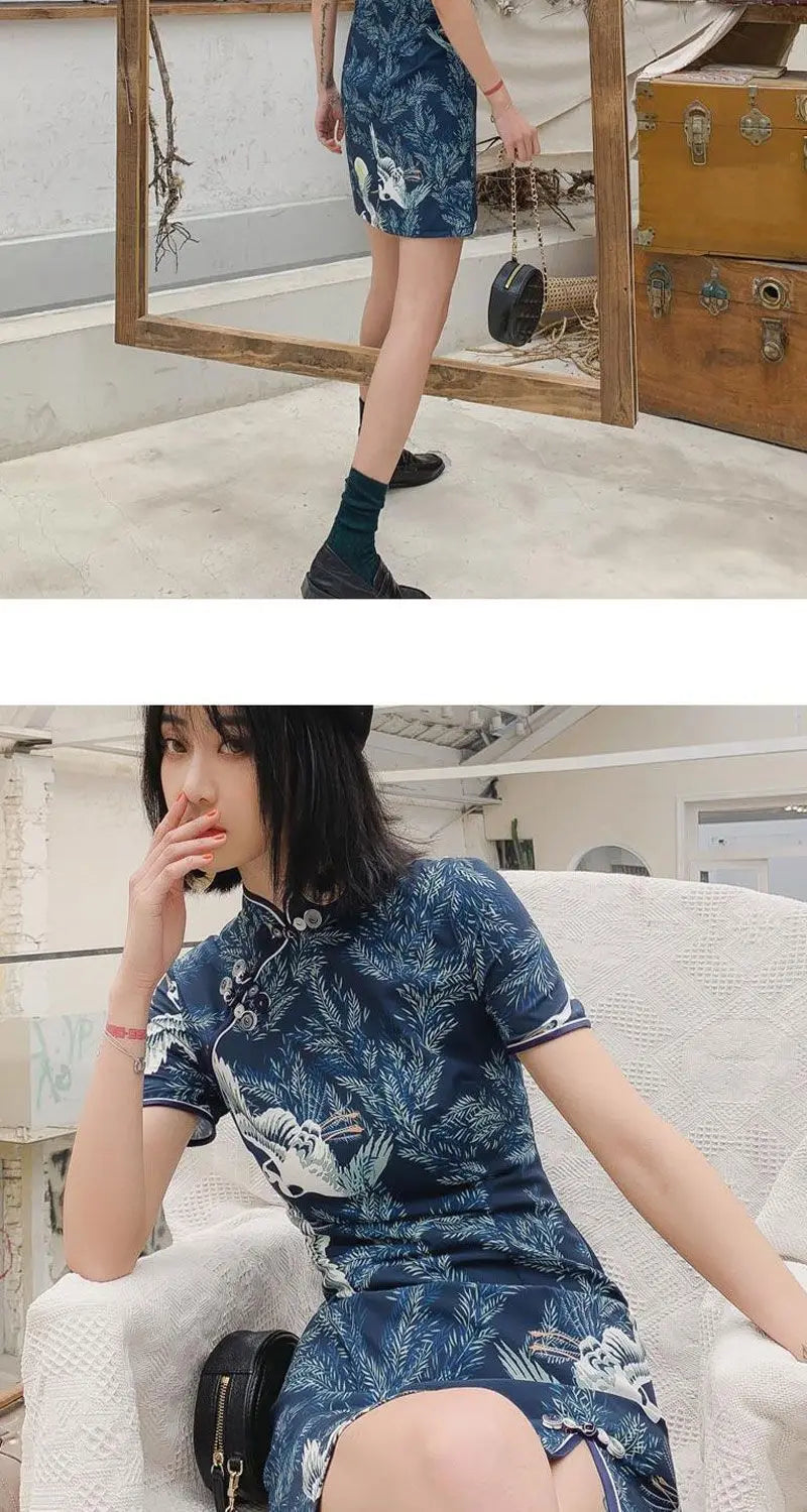 New Daily Improvement Cheongsam Dress 2024 Summer Short Sleeved Chinese Style Retro Young Style A-line Crane Print Dress Qipao - Seprincess