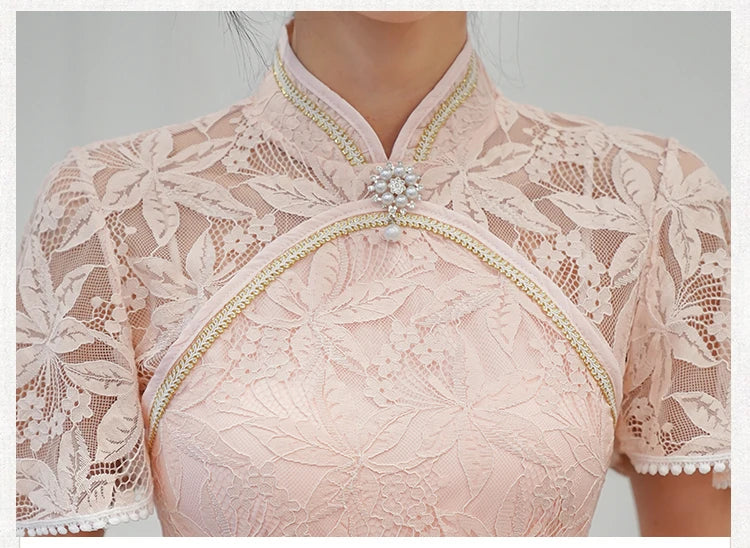 Chinese Traditiona Vintage Lace Improved Cheongsam Summer Short Sleeve Qipao Dress Modern Women Clothes - Seprincess