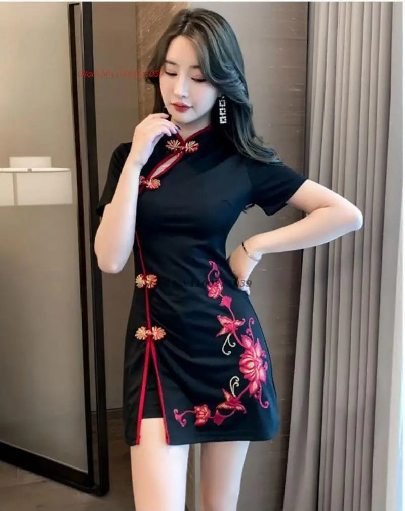 2024 chinese sexy qipao oriental party dress flower embroidery improved cheongsam nightclub banquet dress beauty spa uniform - Seprincess