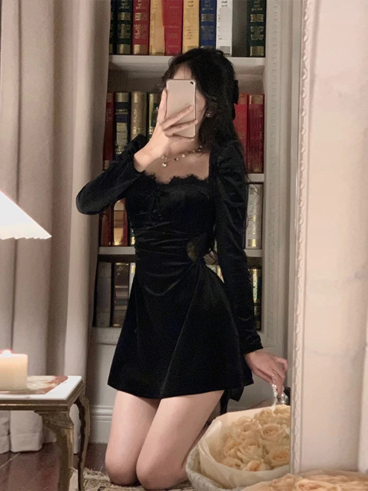 2022 Autumn Black Velvet Midi Dress Casual Korean Fashion Elegant Party Dress Woman Long Sleeve Vintage Lace Dress Slim Design - Seprincess