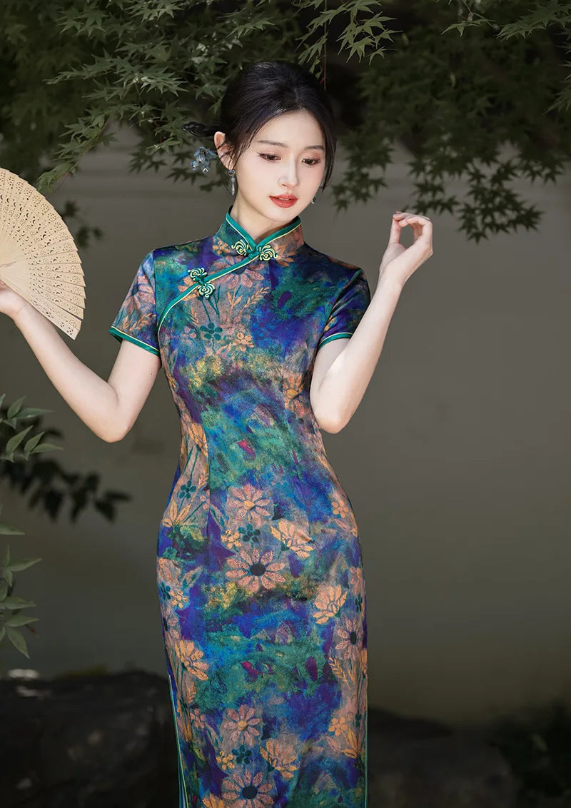 2024 Summer Autumn New Cheongsams Blue Flower Print Qipao Oriental Vintage Classical Vestidos Women's Satin Qipao Chinese Dress - Seprincess