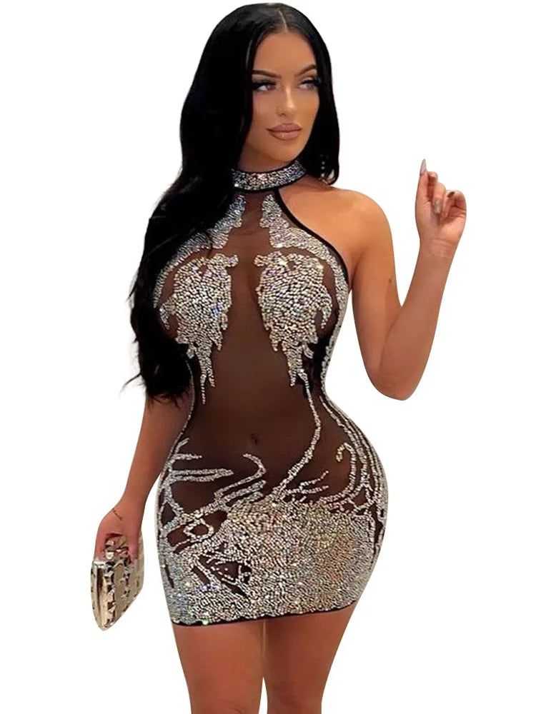 Sexy Mesh Rhinestone Short Prom Evening Mini Dress See Through Outfits Luxury For Women Night Club Party Diamond Bodycon Dresses - Seprincess