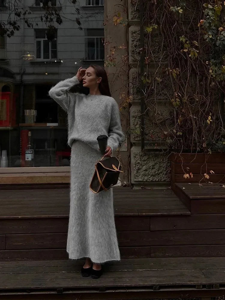 Fashion Solid Mohair Knit Long Skirt Sets Women O Neck Full Sleeves Pullover Sweater Autumn Female High Street Commute Outfits - Seprincess