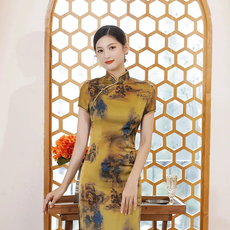 Chinese Style Cheongsams Woman Traditional Dress Floral Print Qipao Satin Vestido Para Mujer Slitting Hem Bodycon Large Size 5Xl