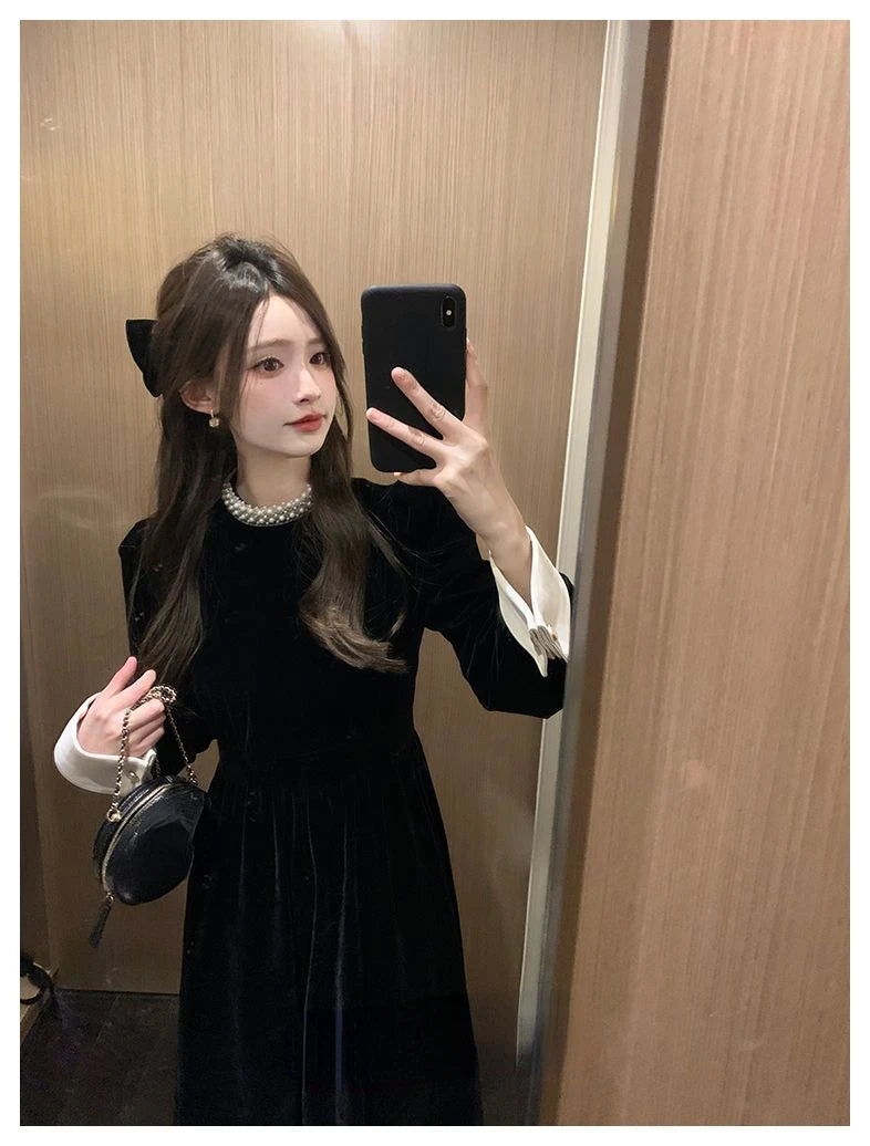 2024 Sweet Woman Party Dresses Korean Vintage Velvet Black Dress Patchwork Robe Elegant Clothes All Match Pearl Vestidos Mujer - Seprincess