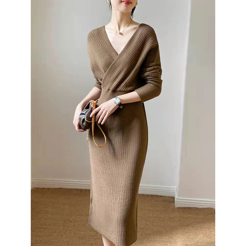 Elegant Knitted Midi Dress Women Fashion Black Sexy V Neck Sweater Dresses Winter Ladies Korean Bodycon Chic A Line Vestidos New - Seprincess