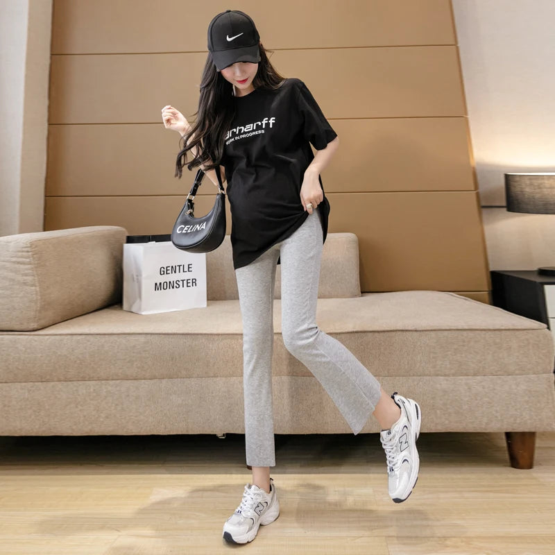 Spring Pregnant Woman Ankle-Length Pants Cotton Stretch Outside Wear Casual Maternity Boot Cut Thin Pregnancy Flare Trousers