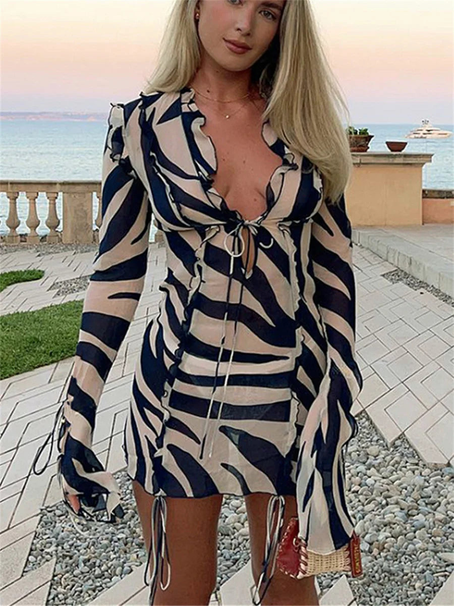 Zebra-Striped Long Sleeve Mini Beach Dress Holiday Casual Party Ruffle Collar Tie Up Short Dress Women Sexy A-Line Dress - Seprincess