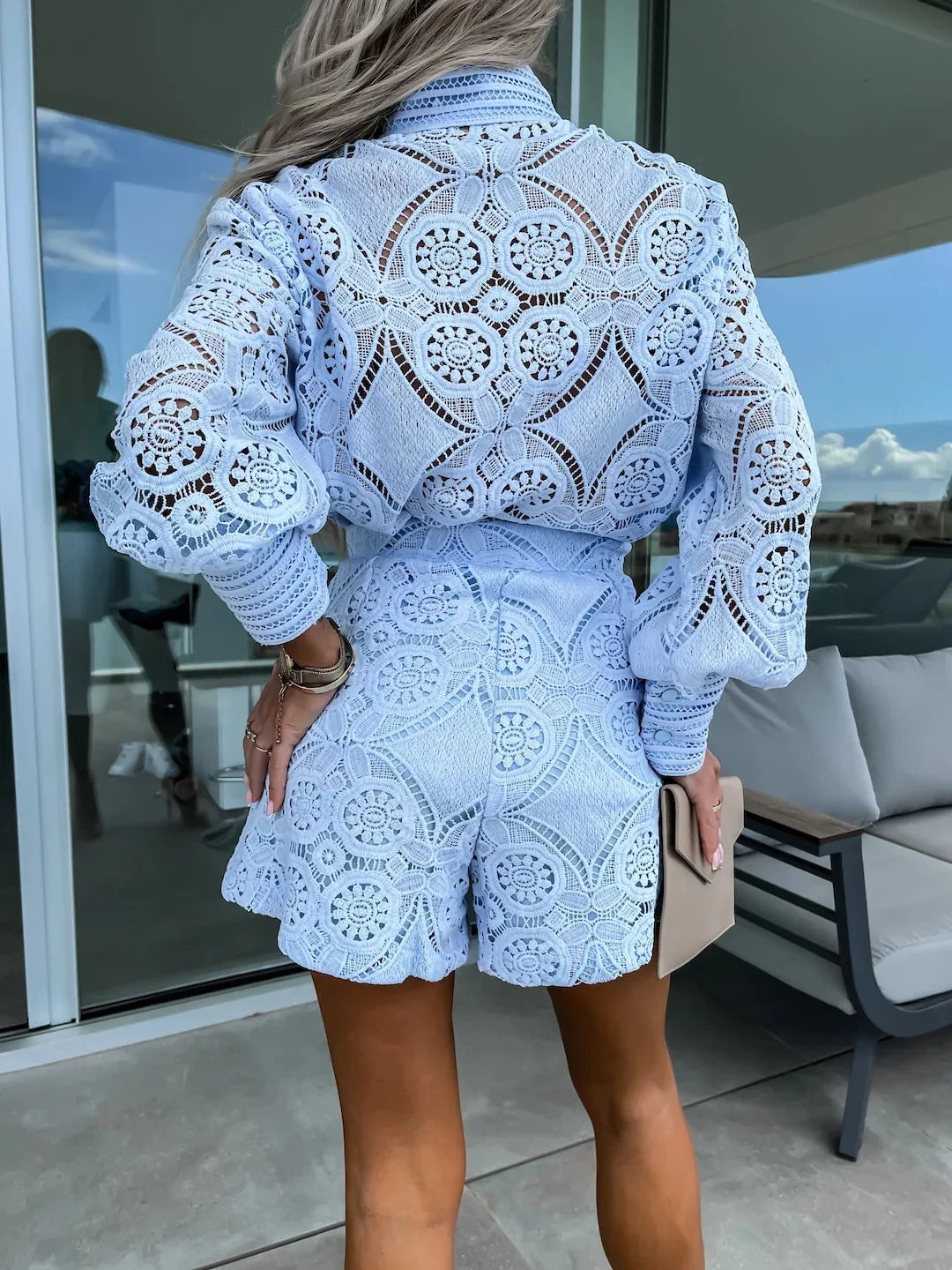 Elegant Lace 2 Piece Sets Women Outfit Summer Autumn Long Sleeve Shirts & Casual  Shorts Set Office Holiday Outfits Beach Wear - Seprincess