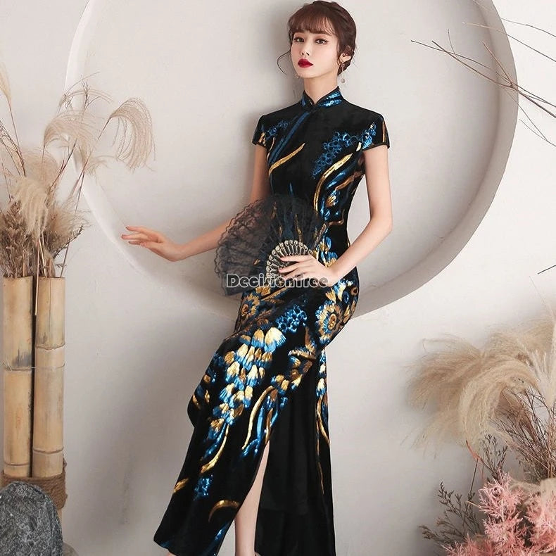 2024 temperament banquet formal dress gold graceful gorgeous thread embroidery qipao dress new retro improved chinese cheongsam - Seprincess