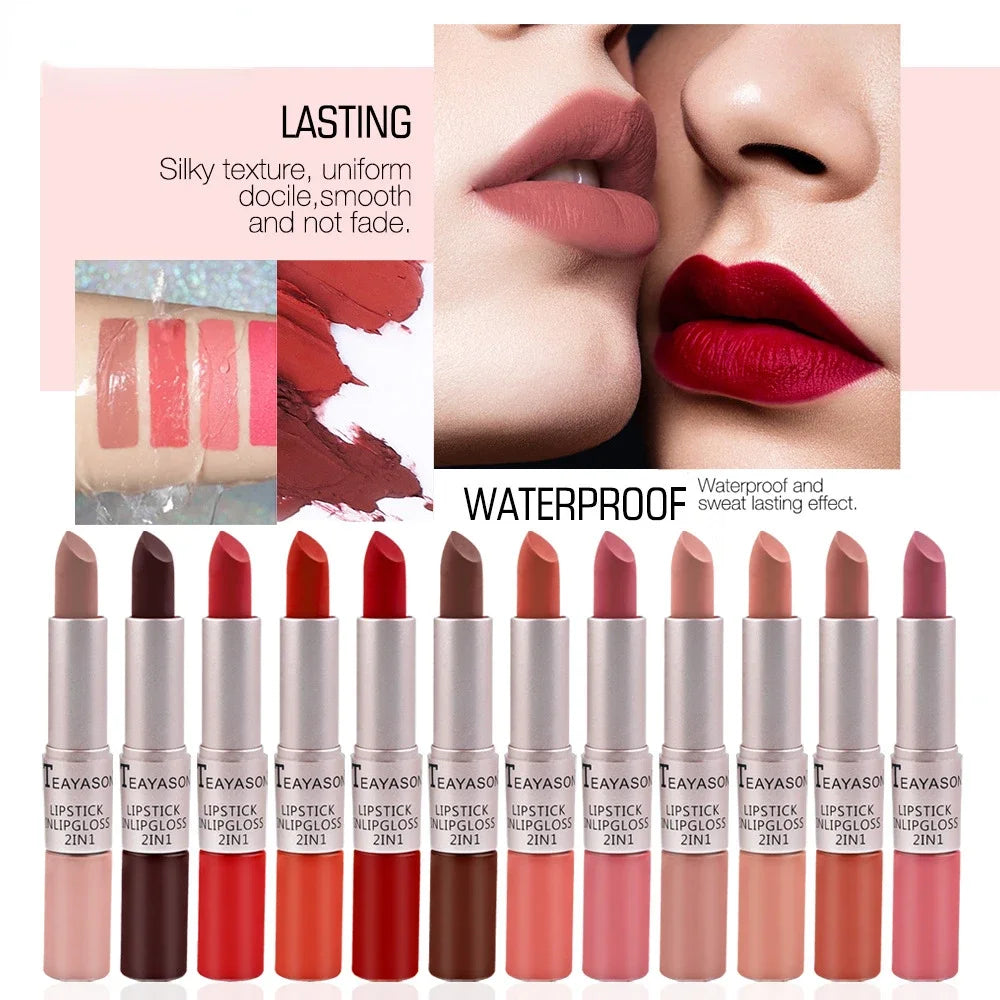 1PC Pink Lipstick Sexy Lip Gloss 2 in 1 Lip Tint Waterproof Long -Lasting Moisture Red Lip Matte Lipstick MakeUp for Women - Seprincess