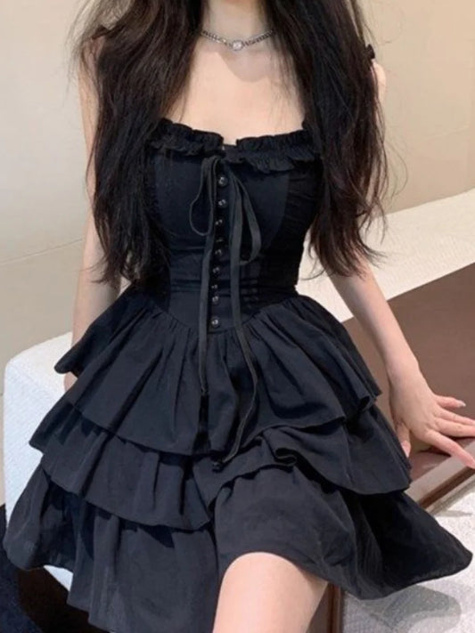 QWEEK Gothic Goth Harajuku Sexy Slip Dress Ruffles Y2k Streetwear Dark Punk Cake Dresses Party Korean Fashion 2023 Summer - Seprincess